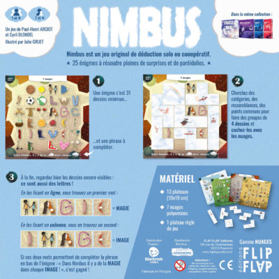 Verso de la boite du Jeu "Nimbus" créé par Flip Flap Editions